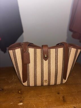 Coach Brown and Cream Striped Tote with Leather Trim